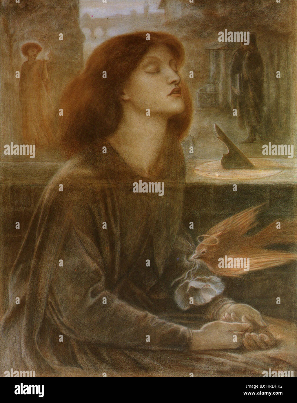 Dante Gabriel Rossettis „Beata Beatrix“, 1872 entstanden, ist ein pastellfarbenes Porträt, das religiöse Symbolismus mit emotionaler Tiefe verbindet. Das Gemälde zeigt Beatrice, eine Figur aus Dantes „Göttlicher Komödie“, und symbolisiert sowohl Liebe als auch Verlust. Stockfoto