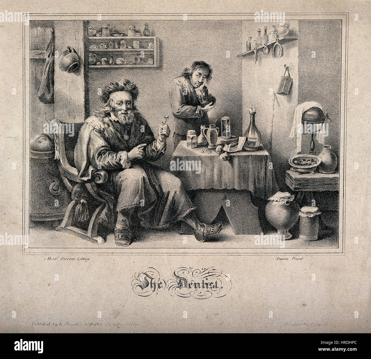 Diese medizinische Illustration aus dem 19. Jahrhundert zeigt eine Zahnschublade, die stolz einen Zahn hochhält, den er gerade herausgenommen hat. Das Bild zeigt die Praxis der Zahnchirurgie in dieser Zeit und zeigt die Handwerkskunst und Werkzeuge, die in dieser Zeit auf dem Feld verwendet wurden. Stockfoto