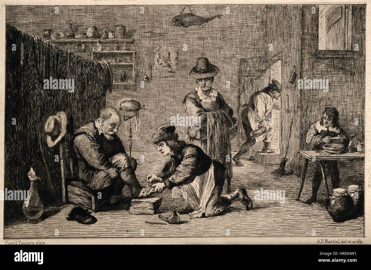 Behandlung von einem älteren Mann zu Fuß, bei Backg Wellcome V0016749 ländlichen Chirurg Stockfoto