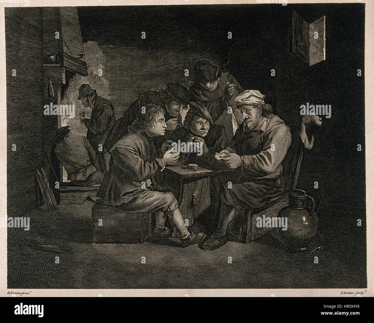 Fünf Männer zu sammeln, um einen Tisch zu spielen Karten, trinken und Rauchen Wellcome V0019047 Stockfoto