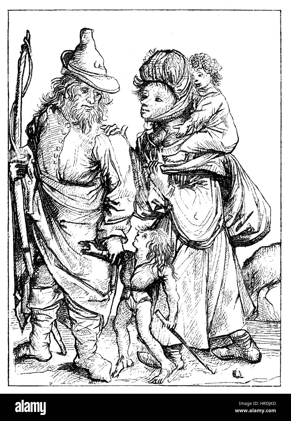 Landwirte mit zwei Kindern und er mit einem Bogen im 15. Jahrhundert, Faksimile des Kupferstichs vom sogenannten Meister von 1480, Deutschland, Reproduktion von einem Holzschnitt aus dem 19. Jahrhundert, 1885 Stockfoto