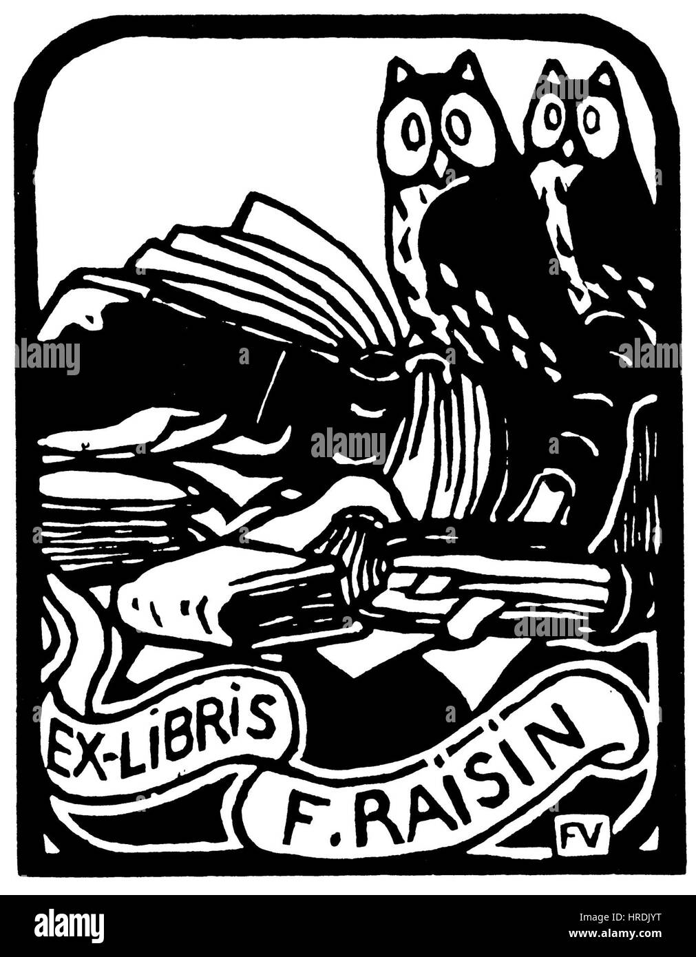 „Ex-libris“ von F. Raisin aus dem Jahr 1893 ist ein Bookplate-Design mit komplexen grafischen Elementen. Roisins Arbeiten spiegeln den Jugendstil wider, mit detaillierten ornamentalen Mustern und einer stilisierten Darstellung natürlicher Elemente, die symbolisch für die künstlerische Bewegung des späten 19. Jahrhunderts sind. Stockfoto