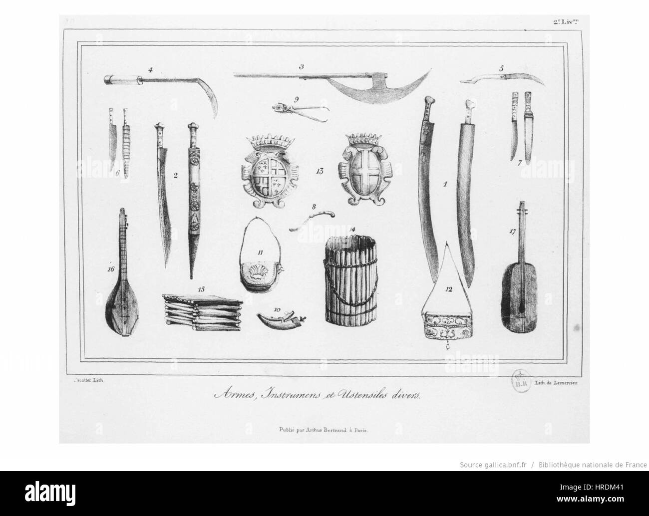 „Armes, Instruments et ustensiles“ (Waffen, Instrumente und Utensilien) bezieht sich auf eine detaillierte Untersuchung verschiedener Werkzeuge und Waffen aus dem Mittelalter. Das Kunstwerk bietet einen Einblick in die handwerkliche und praktische Verwendung dieser Gegenstände und unterstreicht ihre Bedeutung im täglichen Leben und im Kampf während dieser Zeit. Stockfoto
