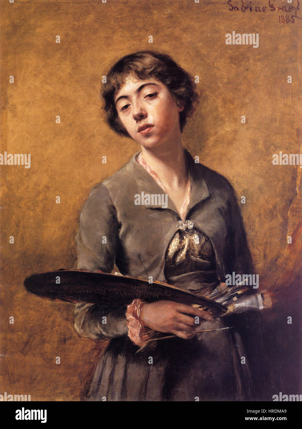 Ein Selbstporträt der deutschen Künstlerin Sabine Lepsius, das ihren unverwechselbaren Stil und ihre emotionale Tiefe zeigt. Das Werk spiegelt ihr Interesse an Porträtmalerei und ihre Fähigkeit wider, durch Kunst ein Gefühl persönlicher Identität zu vermitteln. Stockfoto