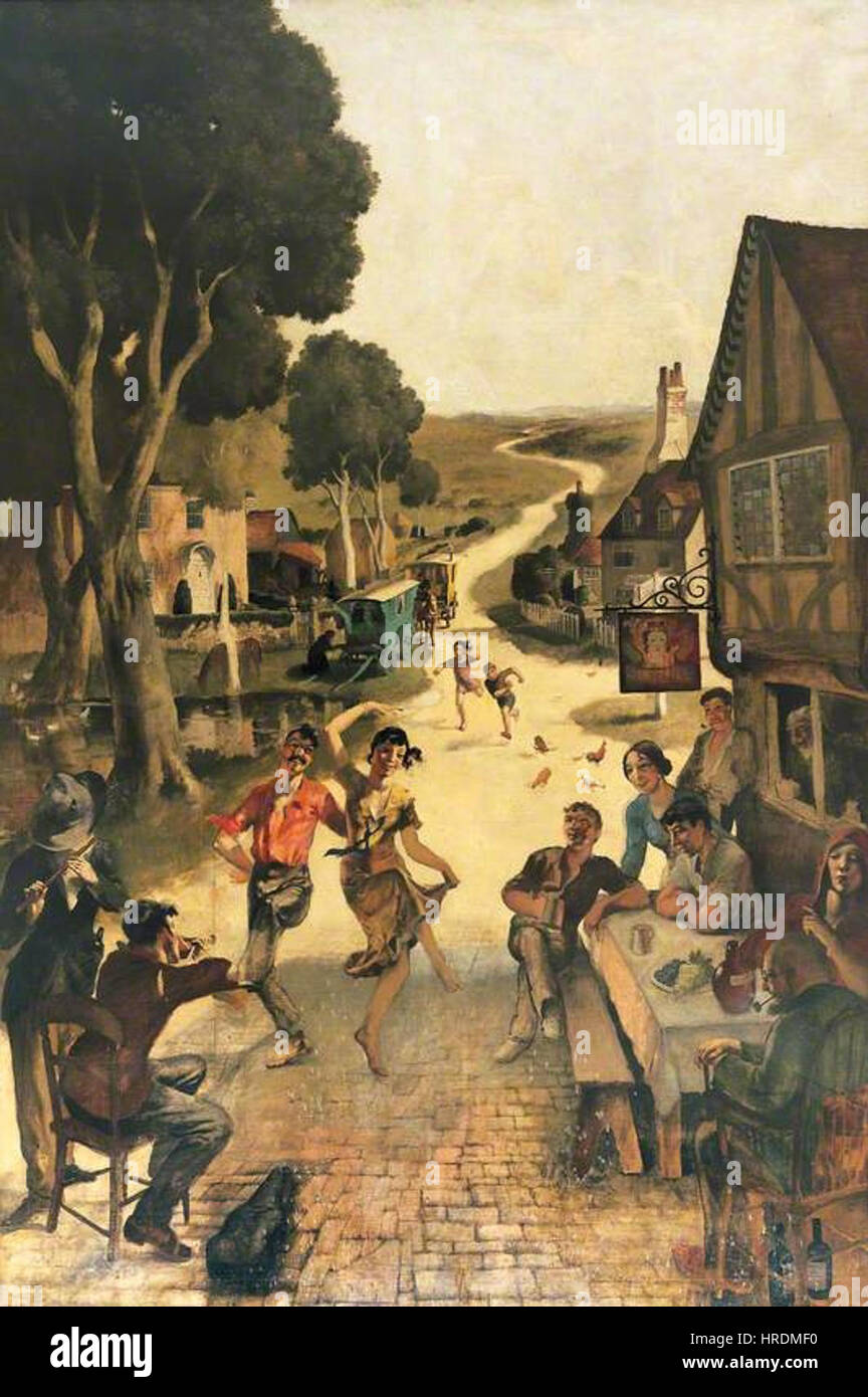 REX Whistlers „Rustic Scene – Villagers Dancing“ (1925) fängt ein lebhaftes ländliches fest mit Dorfbewohnern in traditioneller Kleidung ein. Das Gemälde unterstreicht Whistlers Fähigkeit, Bewegung und ländliches Leben darzustellen, wobei der Schwerpunkt auf die Freude und Einheit der Gemeinschaft in einer pastoralen Umgebung gelegt wird. Stockfoto