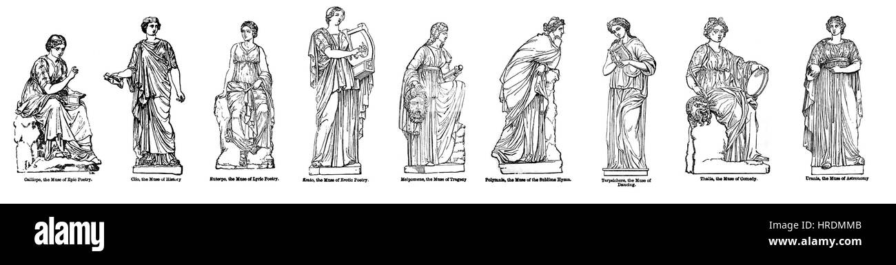 Die neun Musen (illustriert von Gravuren auf Holz) Stockfoto