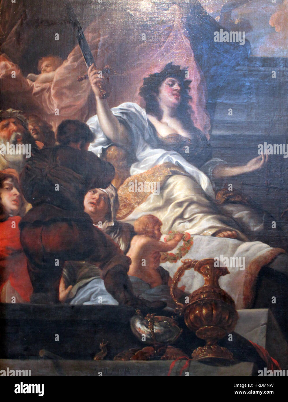 „1664 Ovens Justitia Anagoria“ ist eine historische Darstellung der Figur der Justitia, die Gerechtigkeit verkörpert. Das Stück stellt wahrscheinlich die allegorische Figur mit traditionellen Symbolen von Gleichgewicht und Recht dar und greift das Thema Gerechtigkeit im 17. Jahrhundert auf. Stockfoto