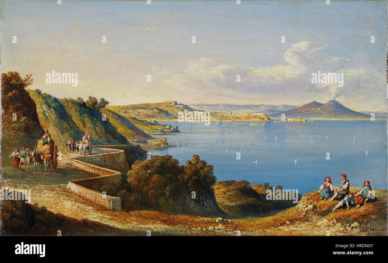 Consalvo Carellis „Ansicht von Neapel“ ist eine malerische Darstellung der Stadt, die ihre malerische Küste, Architektur und ihr pulsierendes Leben zeigt. Das Gemälde spiegelt den romantischen Landschaftsstil wider, der in der italienischen Kunst des 19. Jahrhunderts beliebt ist. Stockfoto