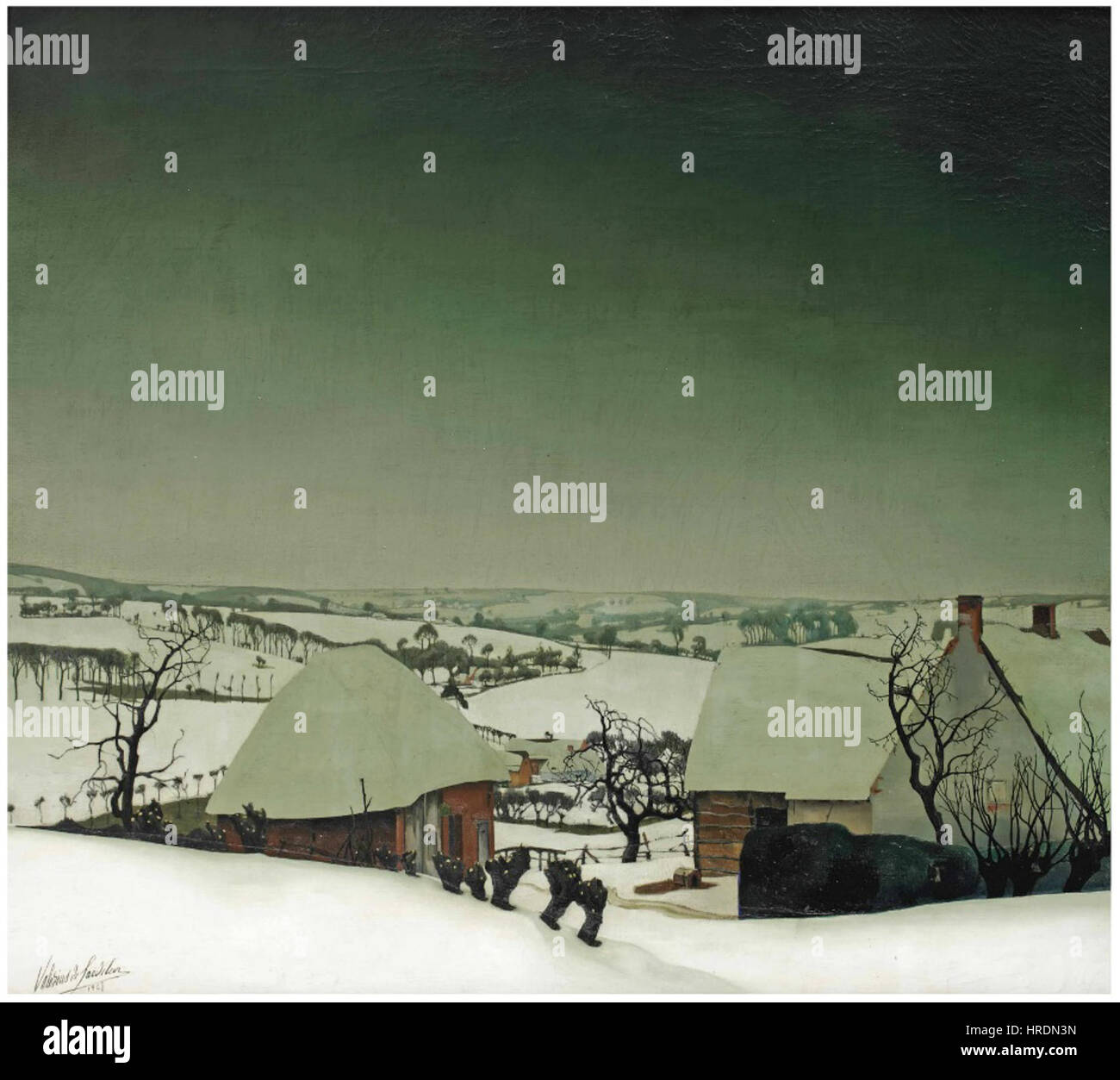 Valerius de Saedeleers „Eine Winterlandschaft“ fängt die krasse Schönheit des Winters mit einer friedlichen ländlichen Landschaft ein. Das Gemälde konzentriert sich auf schneebedeckte Felder, weit entfernte Bäume und sanftes Licht und erinnert an eine ruhige, besinnliche Atmosphäre, die für de Saedeleers Ansatz zur Landschaftsmalerei typisch ist. Stockfoto