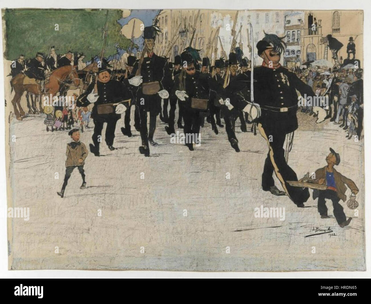 Die „Parade der Vigilante-Patrouille in Gent“ von Jules de Bruycker veranschaulicht eine öffentliche Darstellung der lokalen Milizen. Das Gemälde hebt die Energie der Prozession hervor und konzentriert sich auf die Soldaten und ihre Bewegung durch die Stadt. Stockfoto