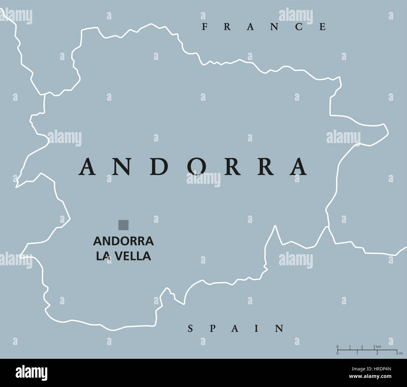 Andorra politische Karte mit Hauptstadt Andorra la Vella und Nachbarn Frankreich und Spanien. Fürstentum, Land und Microstate im Südwesten Europas. Stockfoto