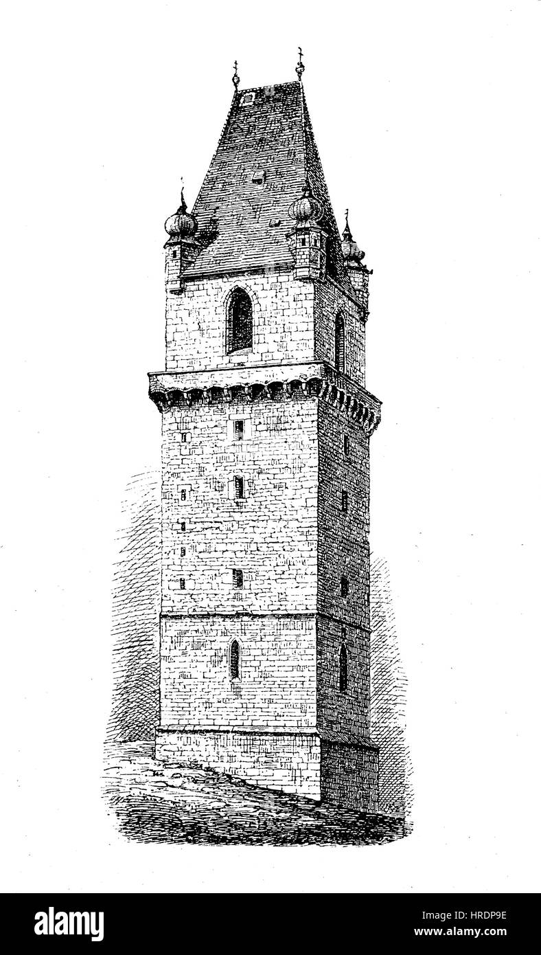 Turm von Bertholdsdorf in Niederösterreich, mittelalterlichen Stadtbefestigung, Österreich, Reproduktion von einem Holzschnitt aus dem 19. Jahrhundert, 1885 Stockfoto