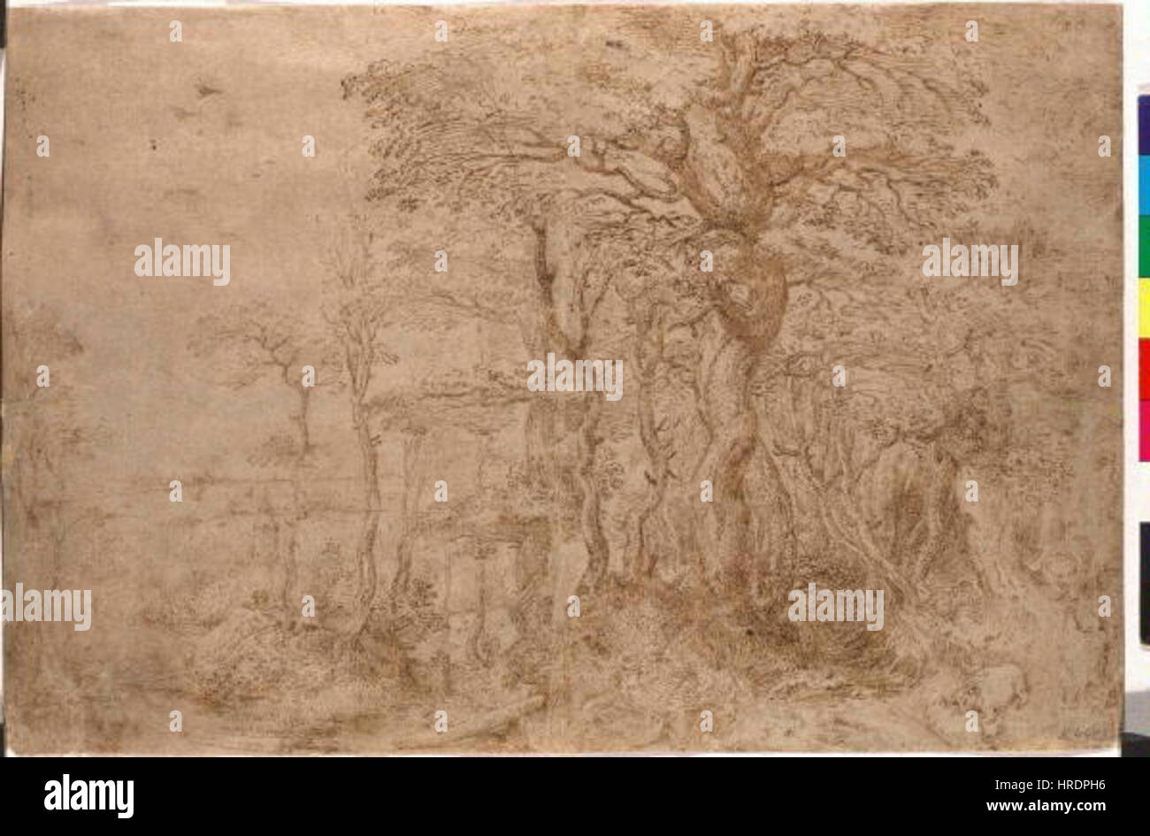 „Lesni krajina s peti medvedy“ von Pieter Bruegel dem Älteren, gemalt zwischen 1525 und 1569, zeigt eine Waldlandschaft mit fünf Bären. Bruegels Beherrschung der Natur und seine Liebe zum Detail spiegeln sich in dieser detailreichen, atmosphärischen Szene wider. Stockfoto