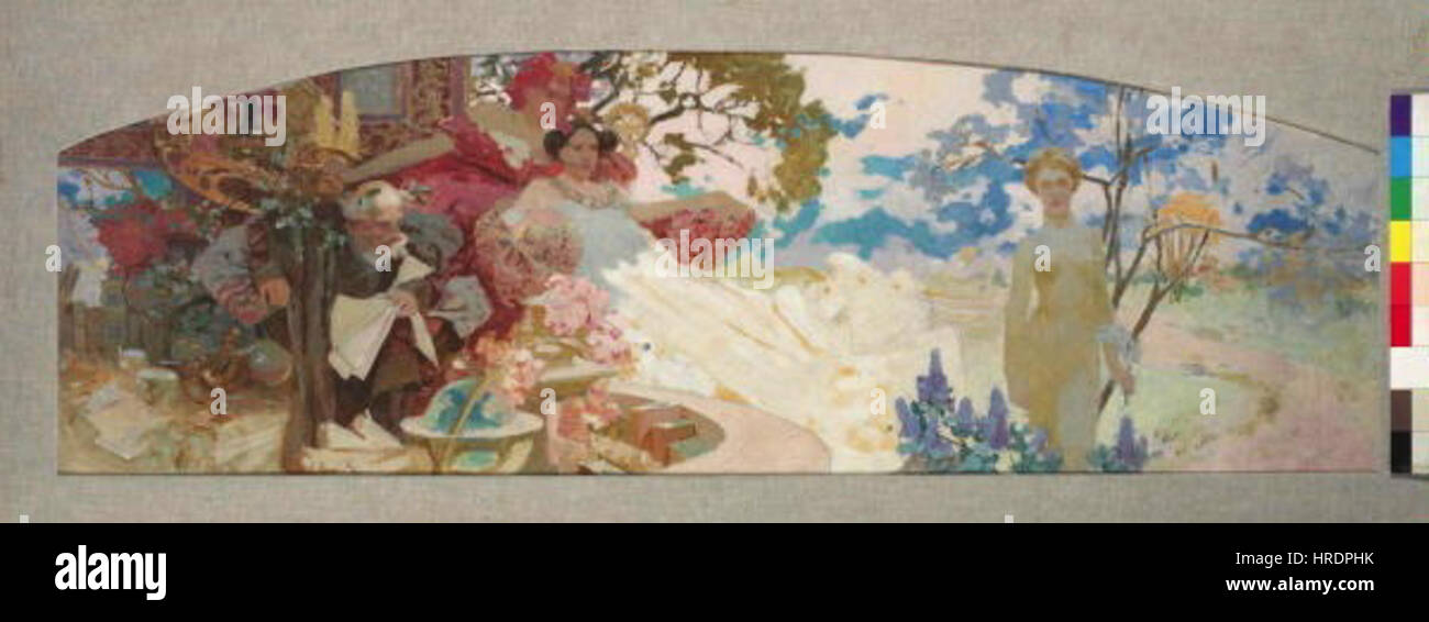 Alfons Mucha, eine führende Persönlichkeit der Jugendstilbewegung, entwarf ein Wandbild für ein deutsches Theater in New York. Sein Werk, das im frühen 20. Jahrhundert entstanden ist, spiegelt seinen charakteristischen Stil mit dekorativen, fließenden Linien und satten Farben wider, wobei der Schwerpunkt auf Eleganz und Harmonie im Design liegt. Stockfoto