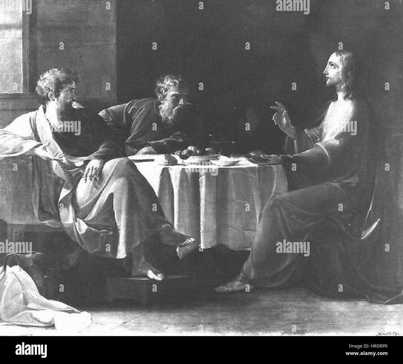 Frantisek Tkadliks Gemälde „Kristus v. Emauzich“ (Christus bei Emmaus) zeigt die biblische Geschichte des Erscheinens Christi für zwei Jünger nach seiner Auferstehung. Das Werk beleuchtet religiöse Themen und detaillierte Figuren, die charakteristisch für die tschechische Kunst des frühen 19. Jahrhunderts sind. Stockfoto