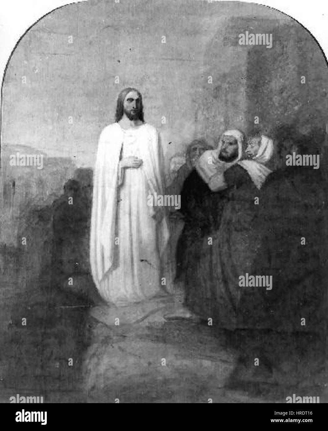 Dieses Kunstwerk von Frantisek Kryspin (1841–1870) zeigt die biblische Szene Christi vor dem Hohen Rat der Juden, einen entscheidenden Moment in der Passion Christi, und hebt die religiöse und historische Bedeutung des Prozesses hervor. Stockfoto