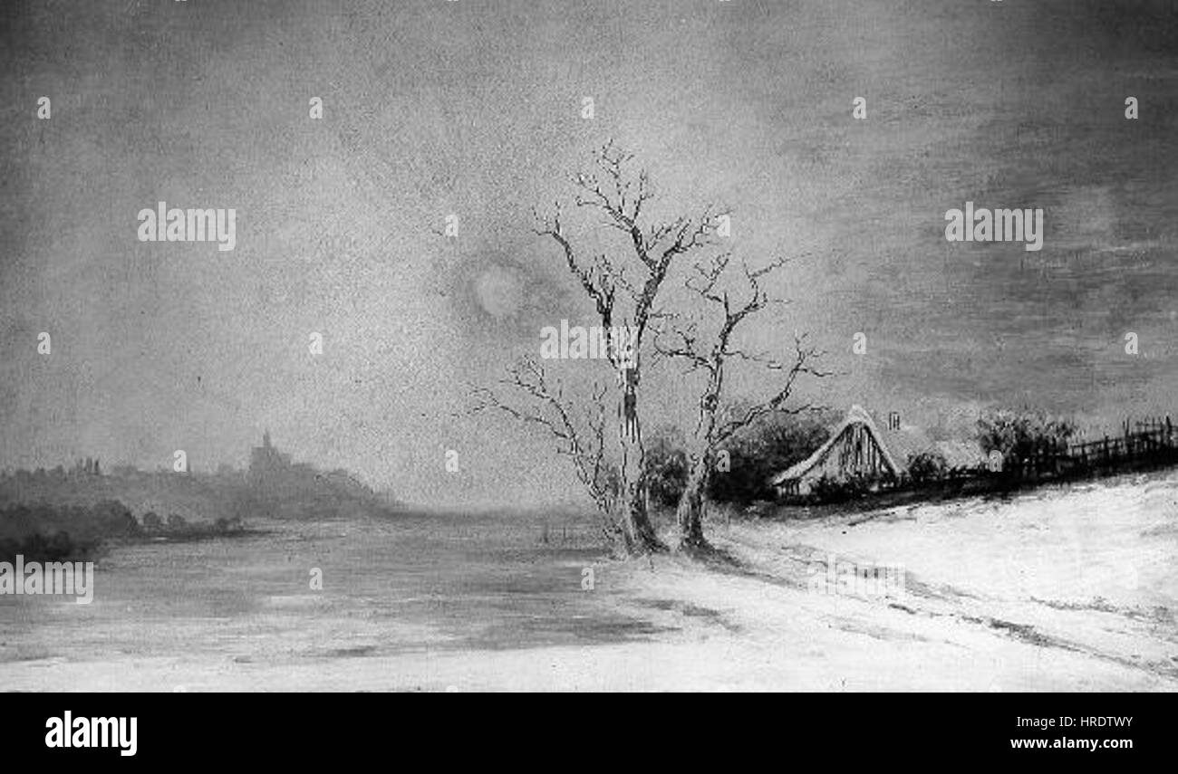 Antonin Waldhausers „Zimni krajina“ (Winterlandschaft) aus dem Jahr 1835-1913 fängt die ruhige Schönheit einer verschneiten Winterszene ein. Das Gemälde zeigt eine ruhige ländliche Umgebung mit schneebedeckten Feldern und weit entfernten Bäumen, die charakteristisch für den Fokus des Künstlers auf Natur und saisonalen Wandel ist. Stockfoto