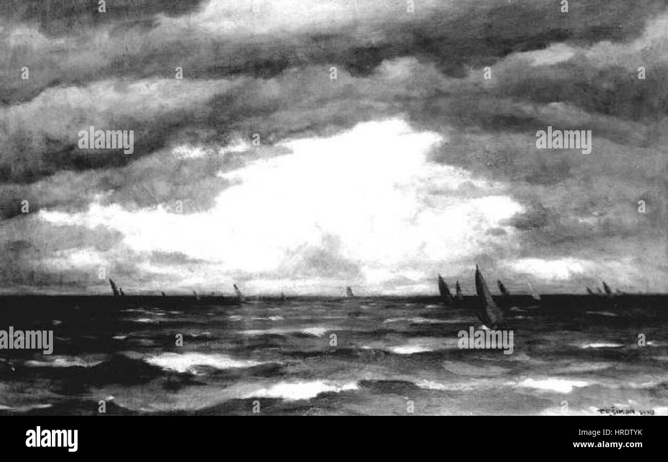 František Távik Šimon „More s mraky“ („Meer mit Wolken“) fängt eine ruhige Meereslandschaft mit der weiten Weite des Meeres unter einem wolkengefüllten Himmel ein. Das Gemälde reflektiert seinen Fokus auf Naturlandschaften und atmosphärische Effekte. Stockfoto