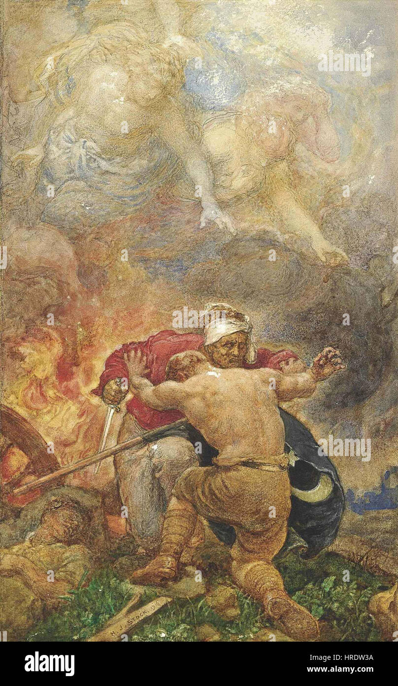 Henry John Stocks Gemälde „Kain und Abel“ zeigt die biblische Geschichte der beiden Brüder, wobei der Schwerpunkt auf dem Moment des Konflikts liegt. Stocks Arbeit fängt die emotionale Intensität der Tragödie und des menschlichen Kampfes der Erzählung ein. Stockfoto
