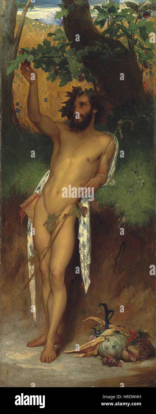 „Pan“ von Frederic Leighton ist ein Gemälde, das den griechischen Gott Pan in einer ruhigen, natürlichen Umgebung darstellt. Die Arbeit betont die Verbindung des Themas mit der Natur und dem klassischen Schönheitsideal und verbindet detaillierten Realismus mit mythologischem Symbolismus. Stockfoto