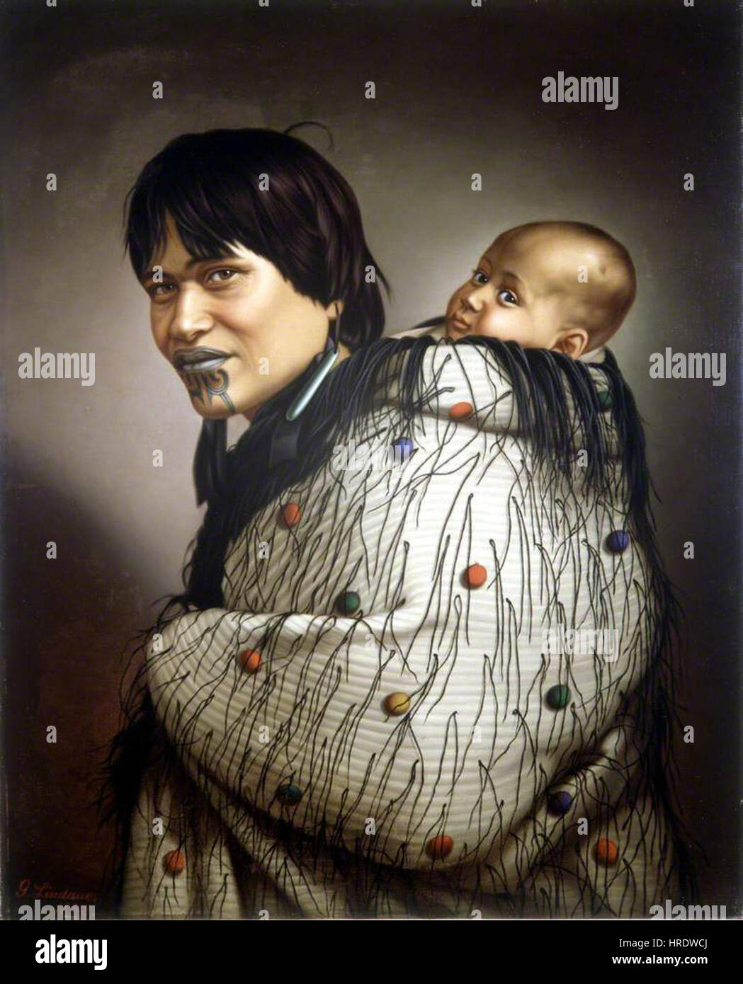 „Ana Rupene and Child“ von Gottfried Lindauer, gemalt 1881, zeigt eine Mutter und ein Kind aus der Māori-Kultur in Neuseeland. Das Gemälde spiegelt Lindauer' Aufmerksamkeit für das Erbe der Māori und die Feinheiten des indigenen Lebens im 19. Jahrhundert wider. Stockfoto