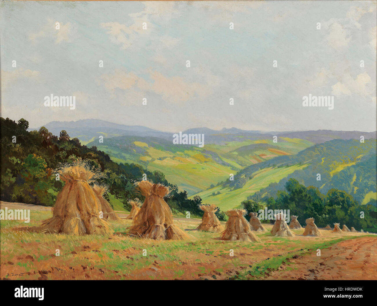 „Waldviertler Voralpenlandschaft“ von Hugo Darnaut ist ein Landschaftsgemälde, das das Waldviertel in Österreich zeigt und die sanften Hügel und die ruhige Natur einnimmt. Das Gemälde zeigt Darnauts Kunst, atmosphärische Effekte und die heitere Schönheit der österreichischen Landschaft zu erzeugen. Stockfoto