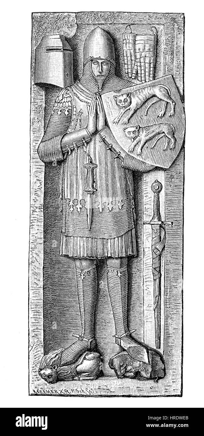 Ritterlichen Denkmal von Hohenlohe, Steinskulptur eines Grabes aus dem 13. Jahrhundert, Deutschland, Reproduktion ein Holzschnitt aus dem 19. Jahrhundert, 1885 Stockfoto