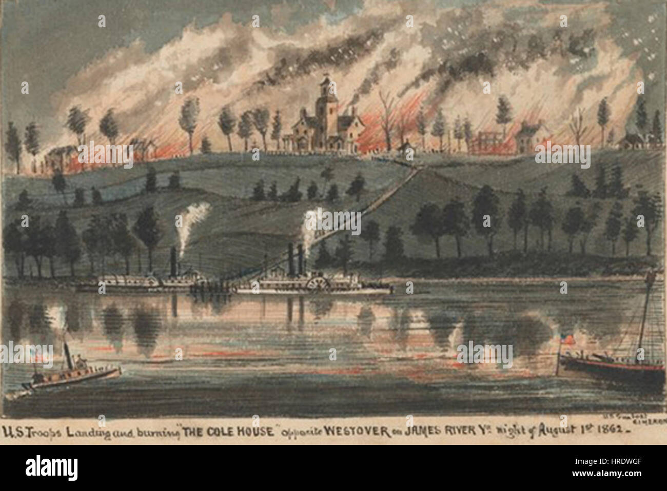 Brennen des Hauses Cole und Ruffin Plantage gegenüber Harrisons Landing, James River, 1. August 1861 Stockfoto