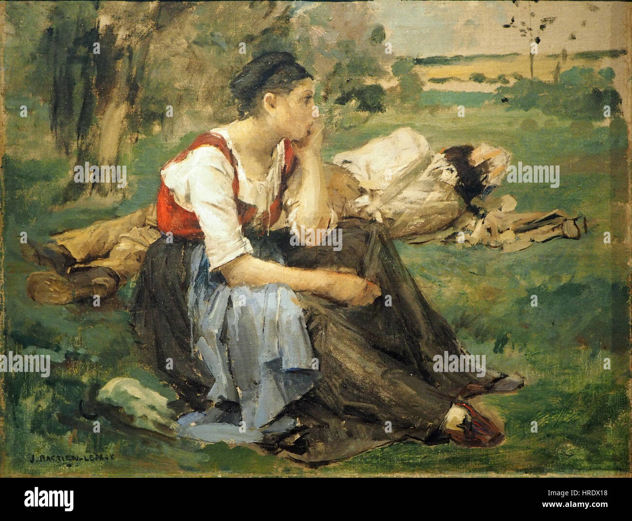 „Ruhende Landleute“ von Jules Bastien-Lepage fängt das ländliche Leben realistisch und emotional ein. Das Gemälde zeigt Bauern, die in einer ländlichen Landschaft ruhen und dabei ihren Alltag und die natürliche Umwelt im Mittelpunkt stehen. Der Künstler betont den Realismus und die Verbindung zwischen Mensch und Natur. Stockfoto