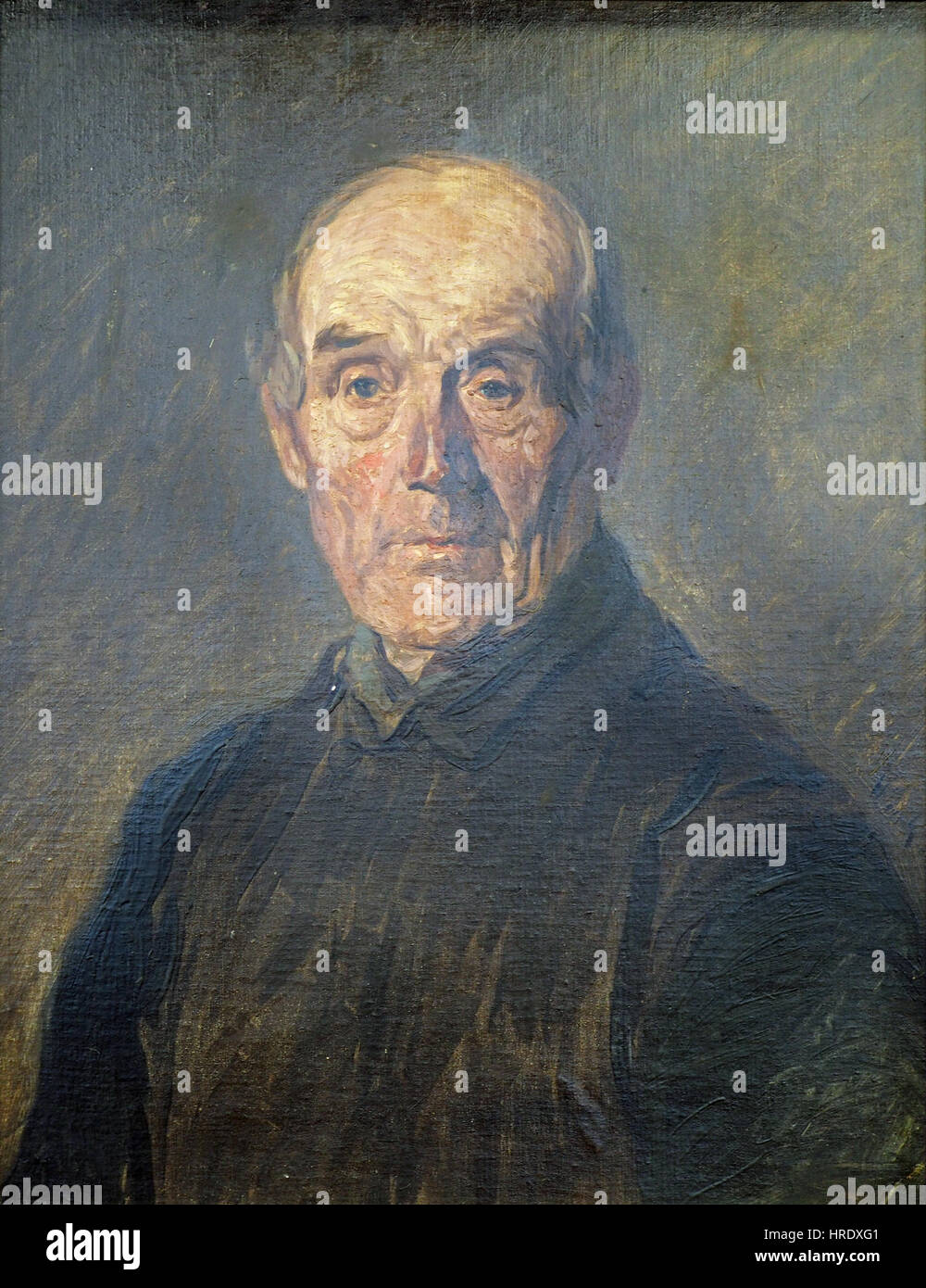 Porträt eines Moorbauern, ein Gemälde von Hans am Ende, einem deutschen Künstler, in Öl auf Papierplatte. Stockfoto