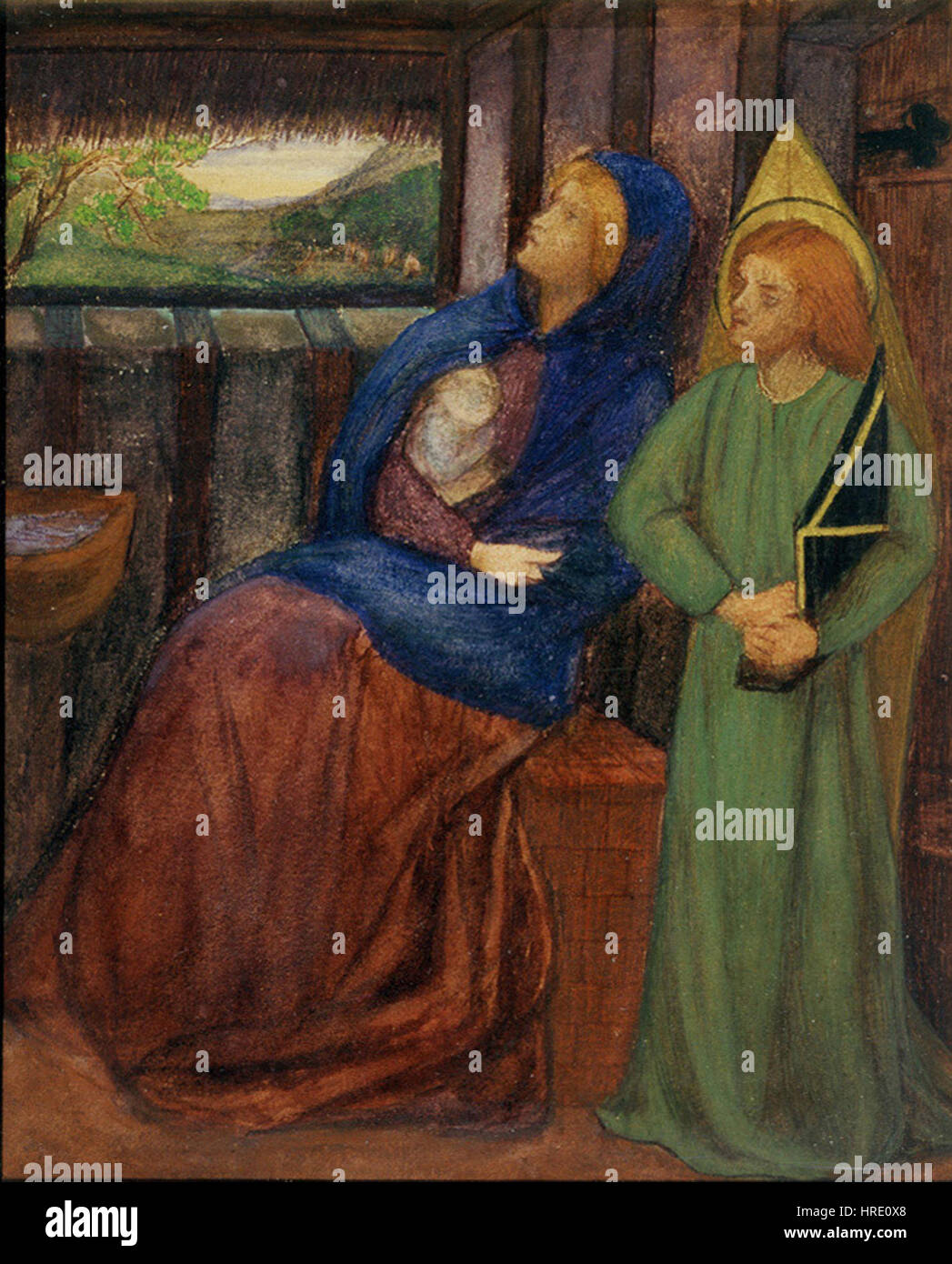 Elizabeth Siddals „Heilige Familie“ stellt die Jungfrau Maria, Joseph und das Jesuskind in einem zärtlichen, intimen Moment dar. Das Werk spiegelt Siddals Aufmerksamkeit für emotionalen Ausdruck und Details in religiösen Szenen wider. Stockfoto