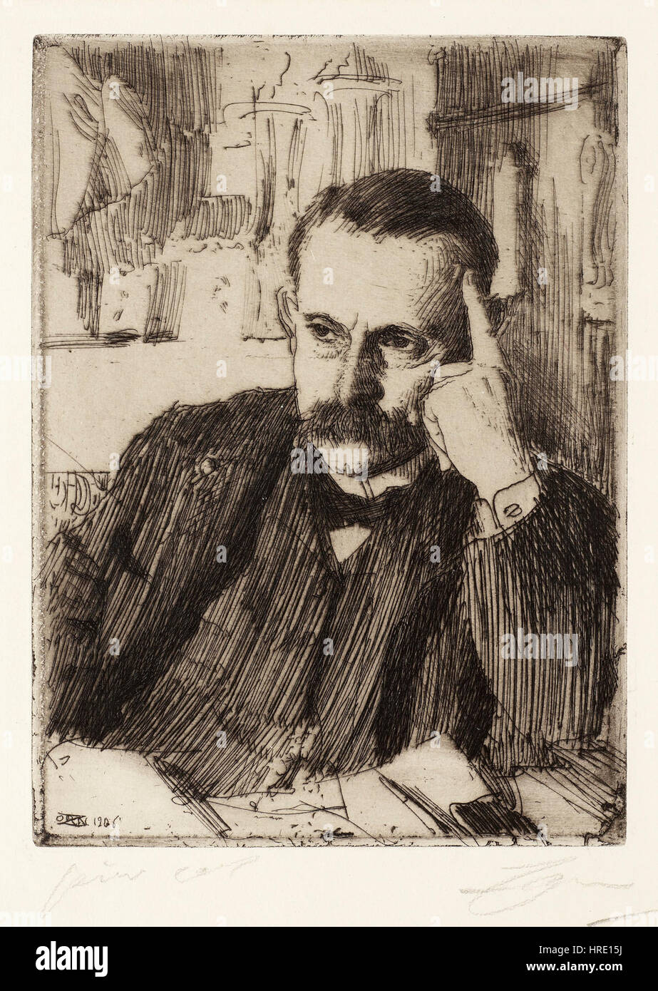 Anders Zorns Radierung von D’Estournelles de Constant aus dem Jahr 1906 zeigt den französischen Politiker mit bemerkenswertem Detail. Das Werk fängt die Merkmale des Subjekts präzise und geschickt ein und betont seinen würdevollen Ausdruck und seine Präsenz. Stockfoto
