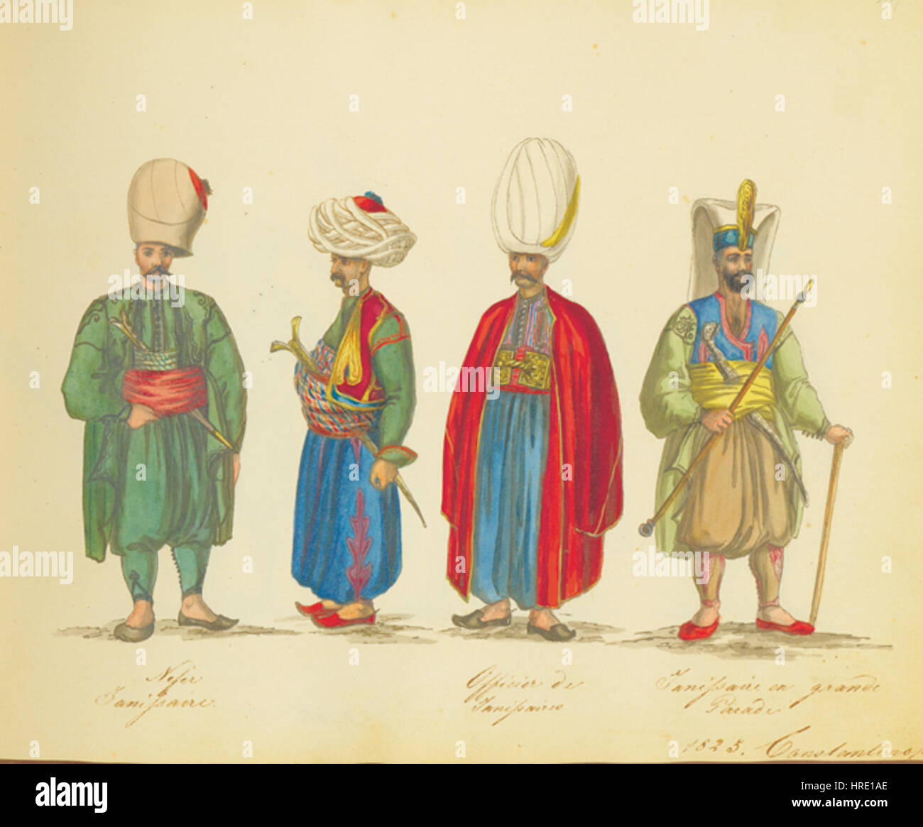 Dieses Werk aus dem 19. Jahrhundert von Chevalier Auguste de Henikstein fängt die Pracht eines Janitscharen-Offiziers in voller Insignien während einer zeremoniellen Parade ein und beleuchtet die Geschichte des osmanischen Militärs. Stockfoto