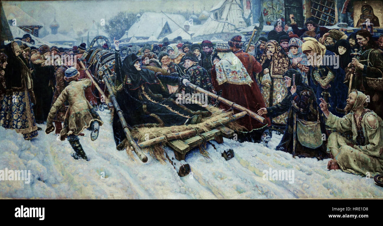 „Boyarina Morozova“ von Wassili Surikov zeigt die historische Figur der Morozova, einer Adligen im Russland des 17. Jahrhunderts, die für ihre religiöse Hingabe bekannt ist. Das Gemälde zeigt sie in einem Moment des Widerstands gegen die Zarenherrschaft. Stockfoto