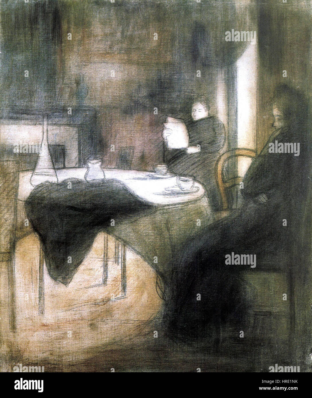 „Two Women in Mourning“ von Rippl, gemalt 1892, erforscht die düstere Stimmung der Trauer. Die Figuren des Gemäldes sind mit einer gedämpften Farbpalette dargestellt, die die emotionale Tiefe und den stillen Schmerz der Frauen unterstreicht. Stockfoto