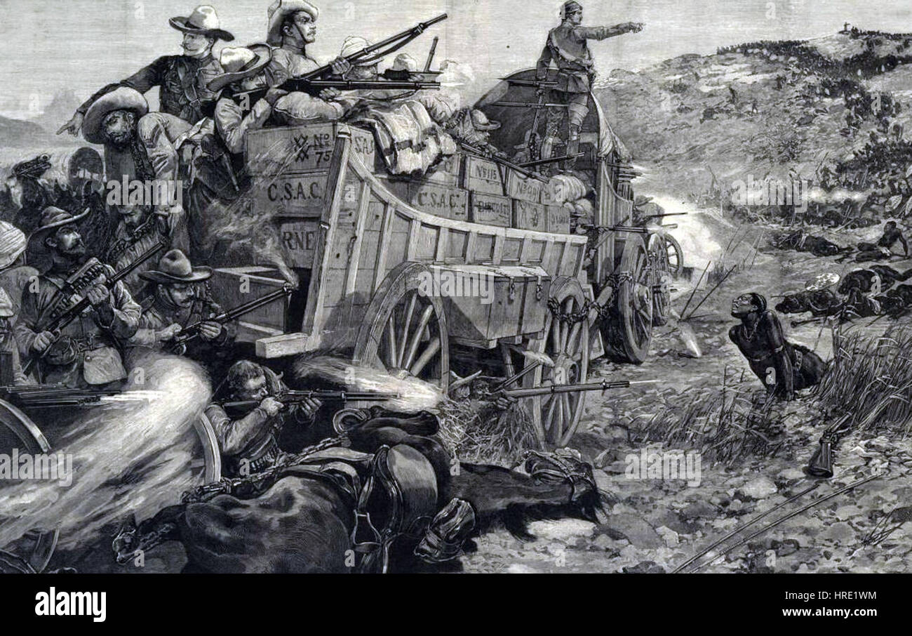 Die Schlacht am Shangani, die 1893 ausgetragen wurde, war eine bedeutende Konfrontation zwischen britischen Truppen und den Truppen des Königreichs Matabeleland. Sie markierte einen Wendepunkt in der Expansion des britischen Einflusses im südlichen Afrika. Stockfoto