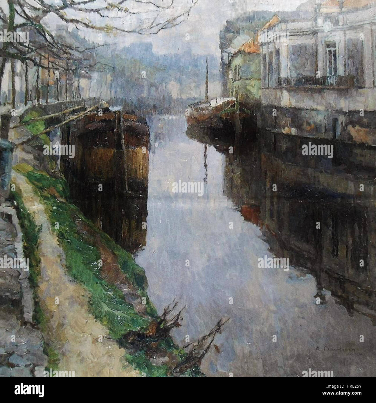 Albert Baertsoens „Schilders van de Leie“ fängt die Schönheit des Flusses Leie ein und zeigt die Meisterschaft des Künstlers, die belgische Landschaft mit dem Schwerpunkt auf ihrer ruhigen Natur und ihrem ländlichen Charme darzustellen. Stockfoto