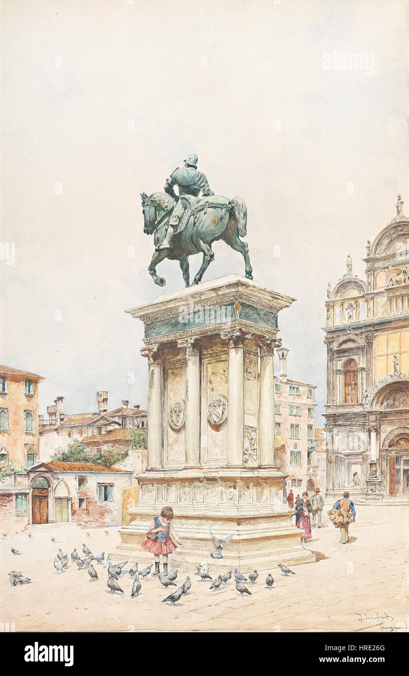 *Campo San Zanipolo* von Rafael Senet y Perez ist ein detailliertes Gemälde eines venezianischen Platzes, das die architektonische Schönheit und die dynamische Atmosphäre der Gegend einfängt. Das Kunstwerk zeigt Senets Geschick in der Darstellung architektonischer Räume. Stockfoto