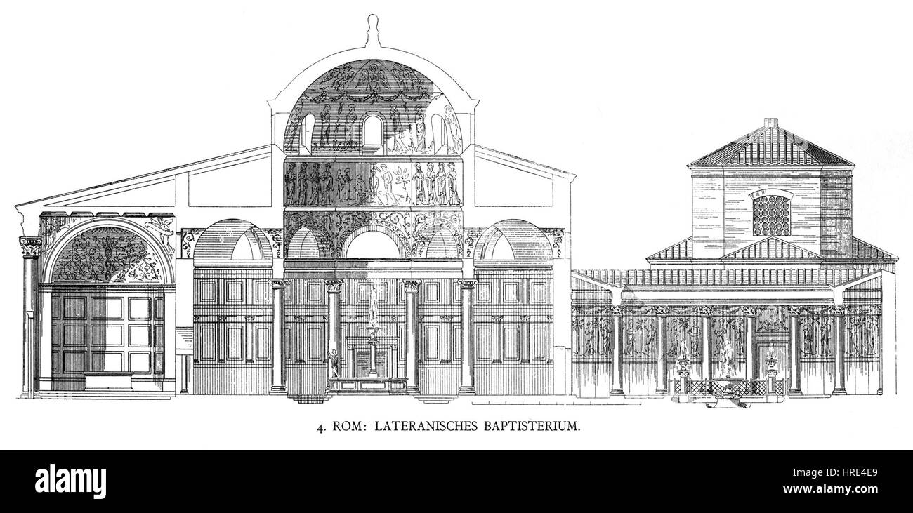 Das *Lateran Battisterio* in Rom ist eine der wichtigsten frühchristlichen Stätten. Dieser Abschnitt des Gebäudes veranschaulicht die historische und architektonische Bedeutung des Ortes. Dehios Arbeiten heben das komplizierte Design und die frühchristliche Kunst hervor, die im Lateranbaufaptisterium zu finden sind, einem wesentlichen Teil des christlichen Erbes. Stockfoto