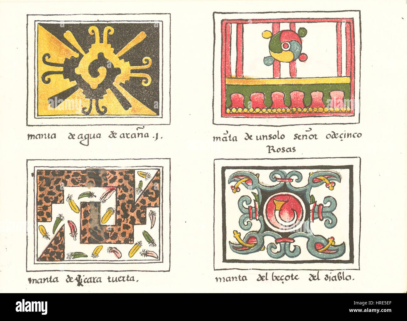 Der Codex Magliabechiano ist ein wichtiges präkolumbisches Dokument, das die Geschichte und Kultur der Azteken beschreibt. Folio 05v zeigt eine detaillierte Szene der aztekischen Gesellschaft mit Elementen der Religion, der Mythologie und des täglichen Lebens. Das Manuskript ist eine wertvolle Quelle für Einblicke in die aztekische Kultur, geschrieben in Bildschrift und dient als wichtiges historisches Artefakt. Stockfoto