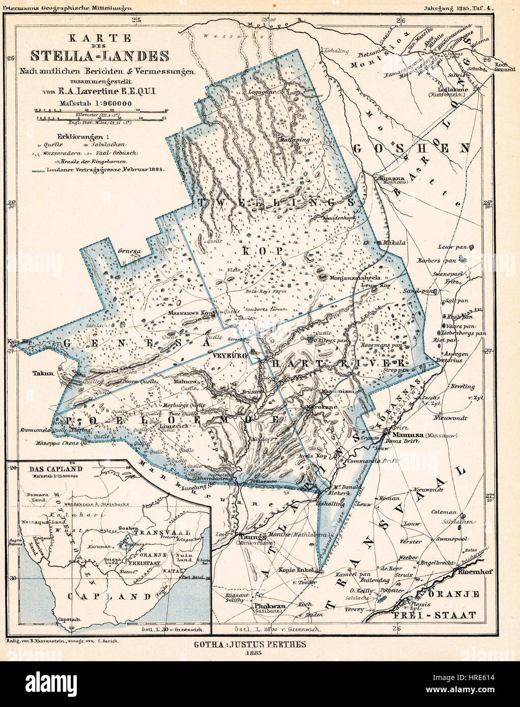Stellaland war ein historisches Gebiet im heutigen Südafrika, das im späten 19. Jahrhundert kurzzeitig eine republik war. Sie wurde 1885 von den Briten annektiert und wurde Teil des Britischen Bechuanaland. Stockfoto