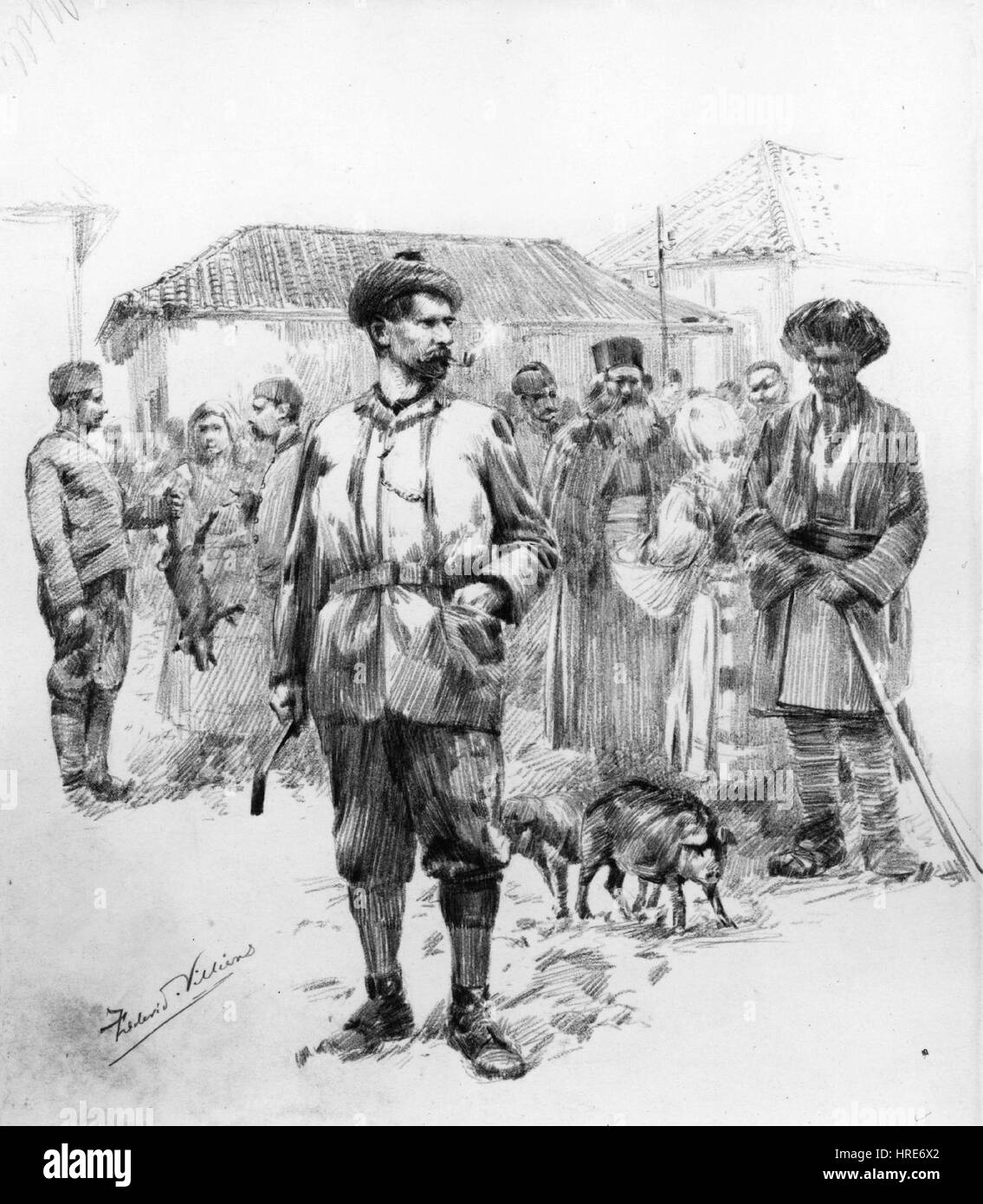 Frederic Villiers' Kunstwerk mit Archibald Forbes und anderen zeigt historische Figuren in militärischen Umgebungen. Villiers ist bekannt für seine präzisen Darstellungen von Soldaten und Kriegsszenen aus dem späten 19. Jahrhundert. Stockfoto