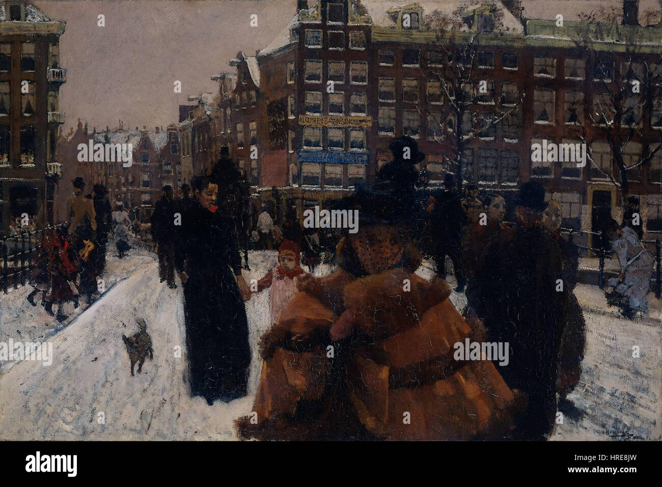 George Hendrik Breitners „de Singelbrug bij de Paleisstraat“ zeigt eine geschäftige Amsterdamer Straßenszene aus dem späten 19. Jahrhundert. Das Gemälde fängt die Bewegung von Menschen und Pferdewagen ein und zeigt das Interesse des Künstlers am urbanen Leben und seine Verwendung von Licht und Schatten. Stockfoto