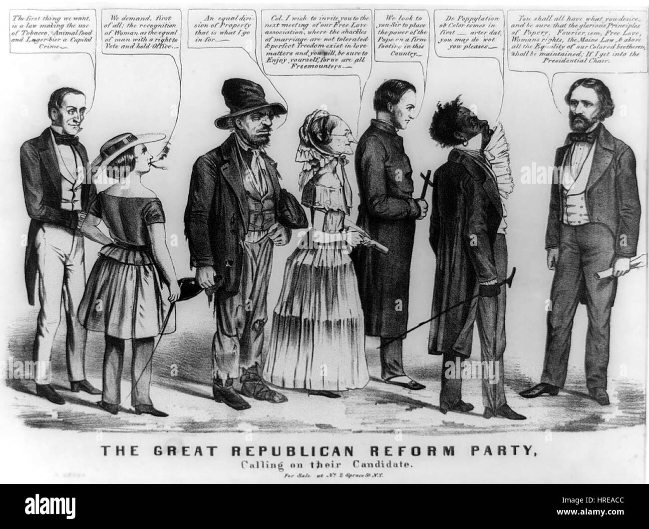 Diese Karikatur von 1856 repräsentiert die politische Satire der Republikanischen Partei während des Präsidentschaftswahlkampfes von John C. Fremont. Er hebt die wichtigsten Elemente von Fremonts politischer Plattform und die Rhetorik um seine Kandidatur hervor. Das Kunstwerk kritisiert visuell die politische Szene des Amerika Mitte des 19. Jahrhunderts und spiegelt die Spannungen der Zeit wider. Stockfoto