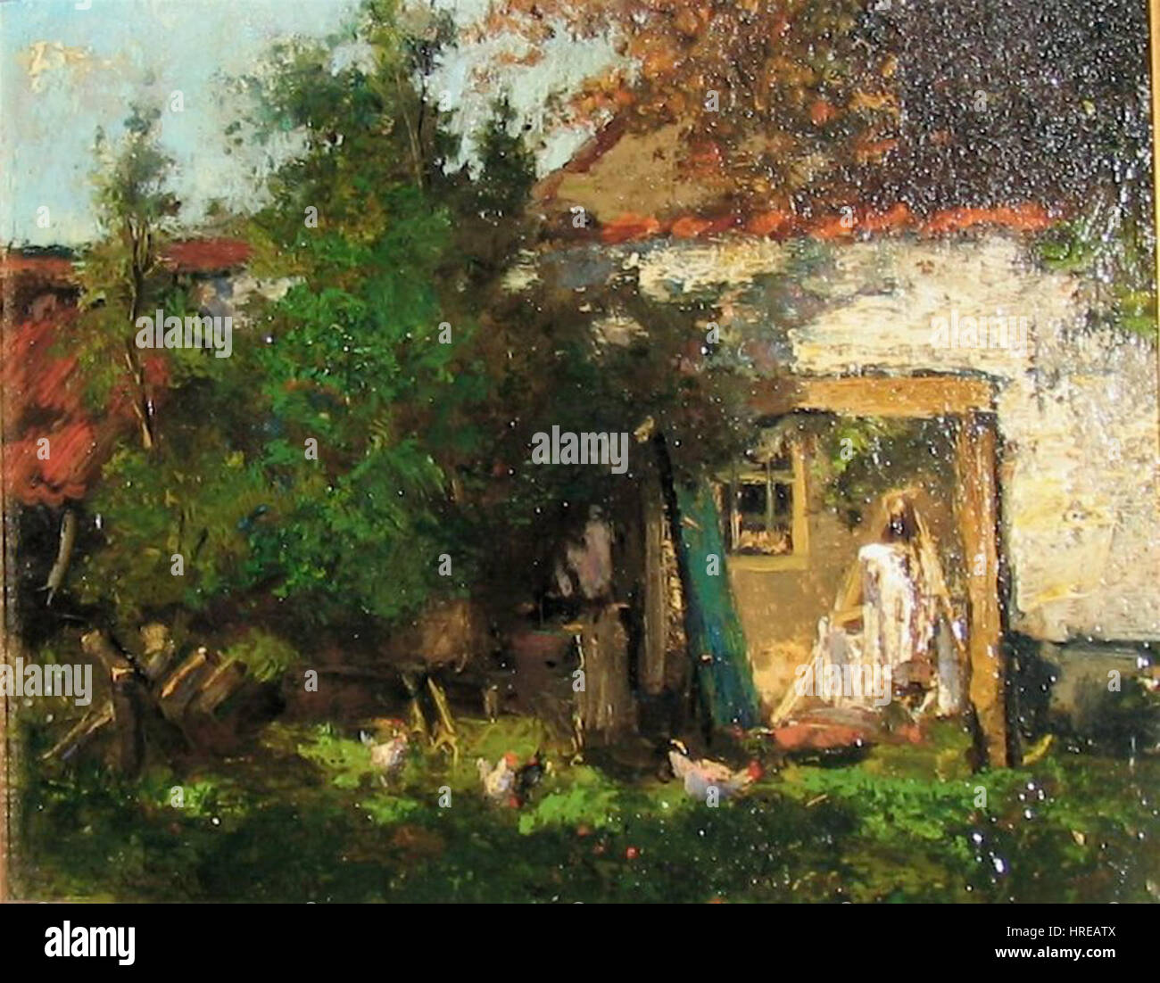 Dieses Kunstwerk von Helfferich zeigt ein traditionelles niederländisches Bauernhaus („Boerenhuis“), das sich auf seinen architektonischen Stil und die ländliche Umgebung konzentriert, die typisch für die Niederlande des 19. Jahrhunderts sind. Stockfoto