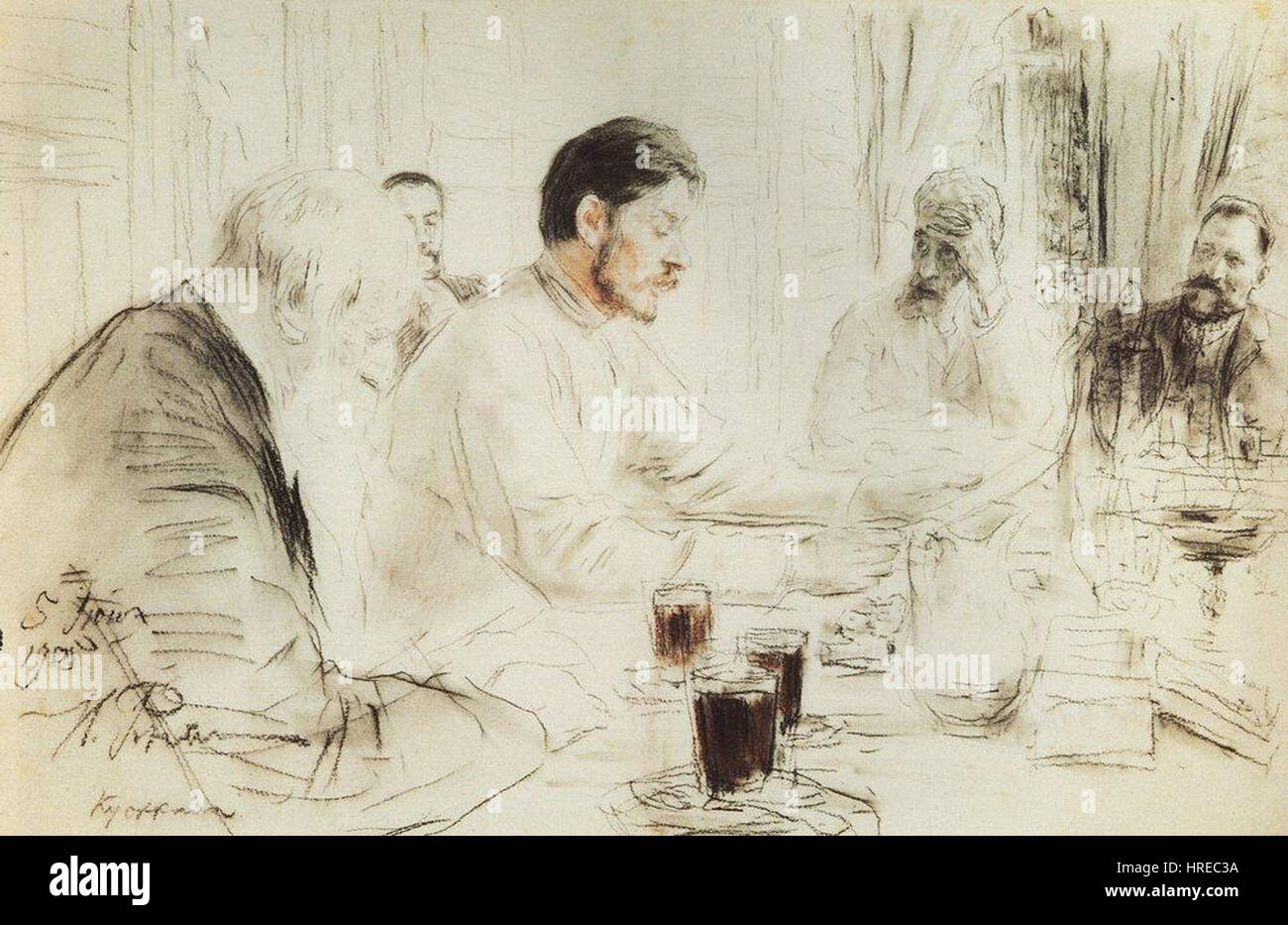 Repins „Gorki in den Penaten“ zeigt den berühmten russischen Schriftsteller Maxim Gorki in einer intimen, nachdenklichen Pose. Das Gemälde betont Gorkis intellektuelle und emotionale Tiefe und fängt das Wesen seiner Persönlichkeit durch detaillierten Realismus und psychologische Einblicke ein. Stockfoto Repins „Gorki in den Penaten“ zeigt den berühmten russischen Schriftsteller Maxim Gorki in einer intimen, nachdenklichen Pose. Das Gemälde betont Gorkis intellektuelle und emotionale Tiefe und fängt das Wesen seiner Persönlichkeit durch detaillierten Realismus und psychologische Einblicke ein. Stockfoto