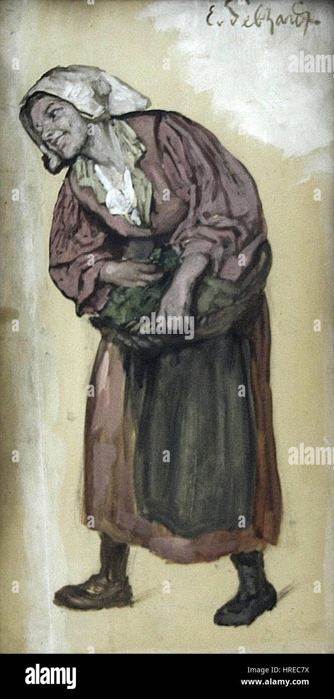 Eduard von Gebhardts „Marktfrau mit Korb“ stellt eine Marktfrau mit einem Korb dar, die den Alltag der Arbeiterklasse zeigt. Das Stück ist ein gutes Beispiel für Genremalerei und unterstreicht die Aufmerksamkeit des Künstlers für den Realismus und die Darstellung gewöhnlicher Motive. Stockfoto