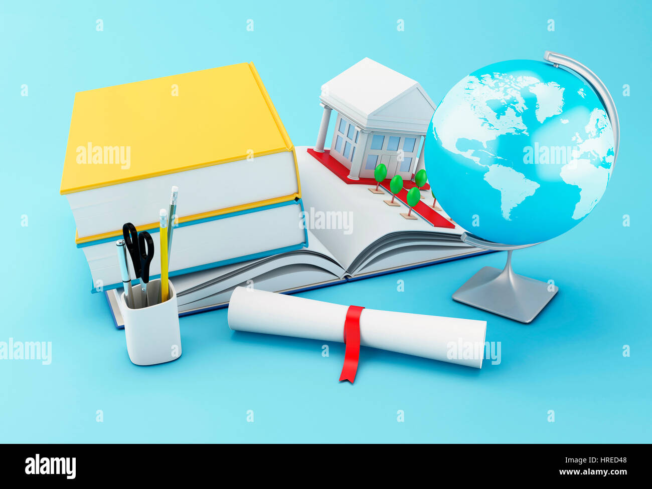 3D Illustration. Stapel von Buch mit gerollten Diplom, Globe und Universitätsgebäude. Welt-Promotion-Konzept. Stockfoto