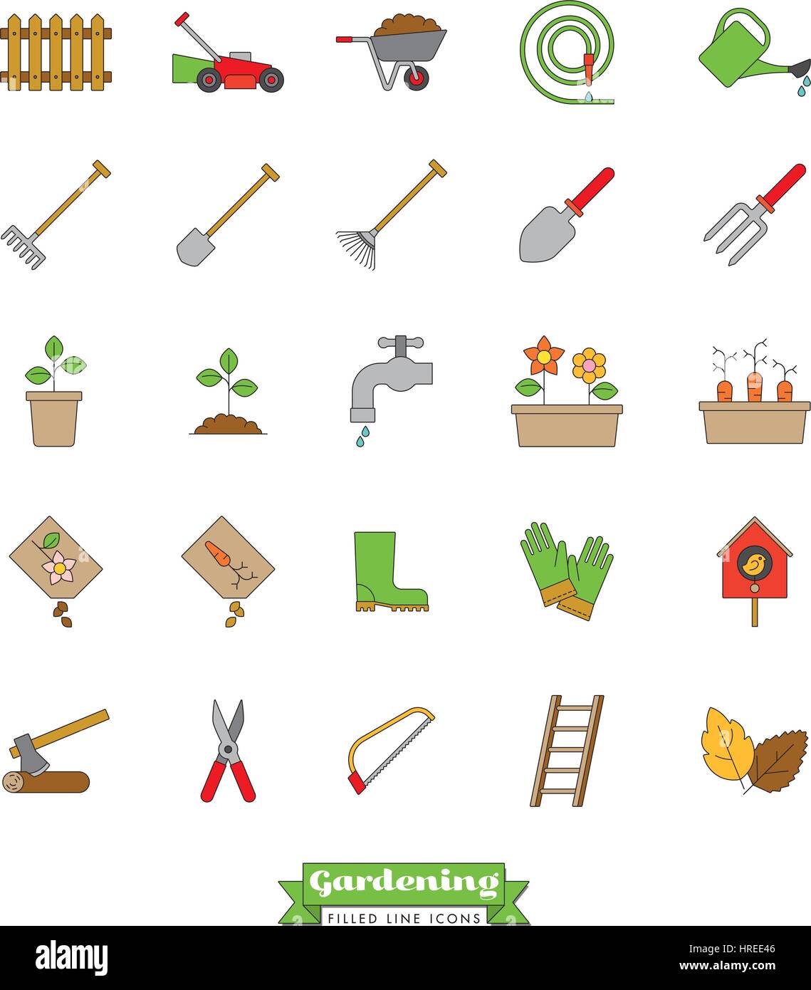 Sammlung von Vektor Gartenarbeit Linie Symbole mit Farbe füllen Stock Vektor
