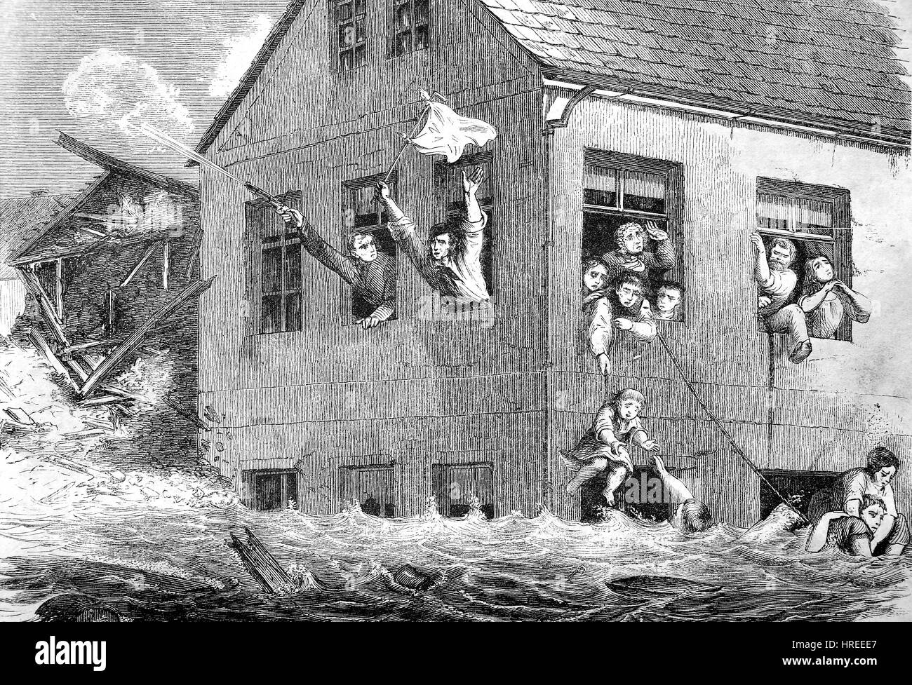 Flut Wasser, Rettung Szene von Personen aus einem Haus, Sachsen, Deutschland, 1854, einem Artikel - die Gartenlaube - illustrierte Familie Blatt, Reproduktion von einem Holzschnitt aus dem 19. Jahrhundert, 1885 Stockfoto
